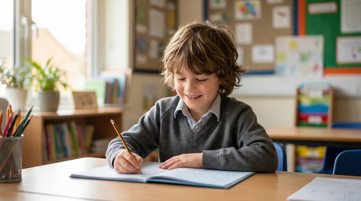 A smiling primary-school child writing in an exercise book at a desk in a bright classroom