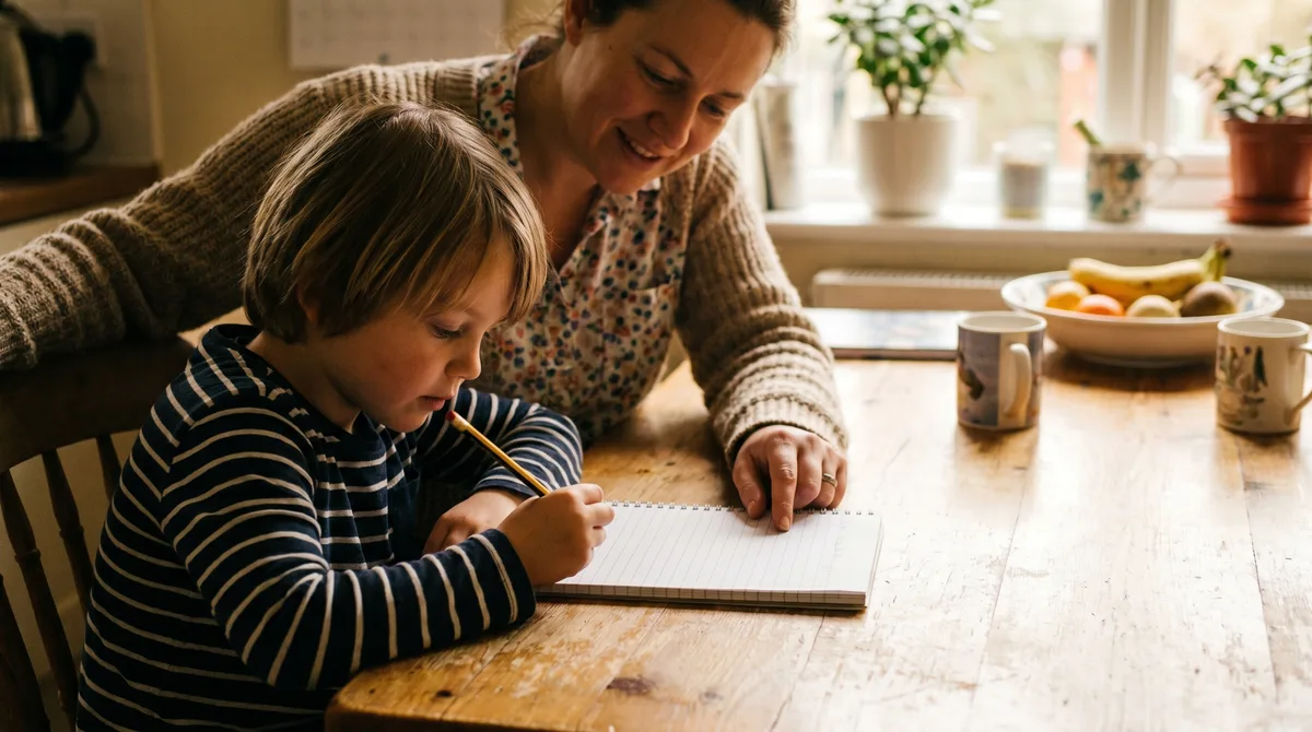 A parent and primary-school-age child practising spellings together at a kitchen table with a notepad
