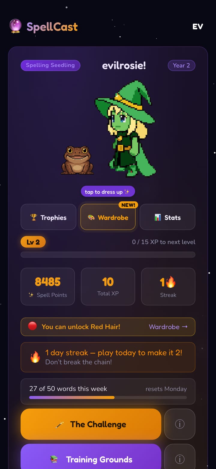 A child's SpellCast home screen: their own wizard and the game modes